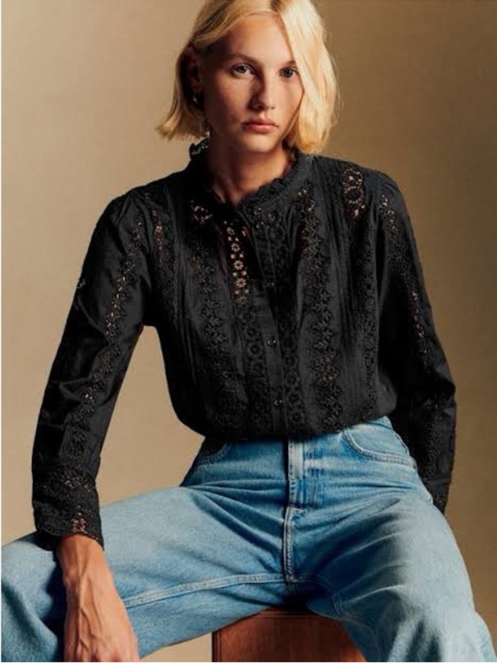 SEZANE NWT Black Floral Embroidered Crochet Lace Button Down Rym Shirt Blouse - Picture 2 of 16